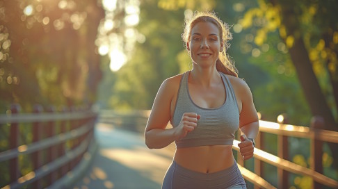 Frau joggt nach der Brustverkleinerung. 